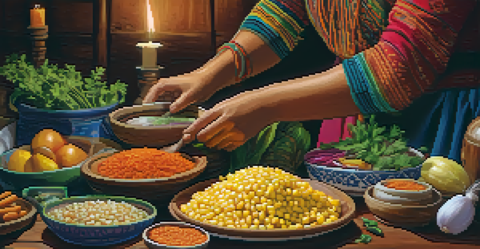 Hands preparing traditional Peruvian dishes with colorful ingredients on a rustic wooden table decorated with textiles and candlelight.
