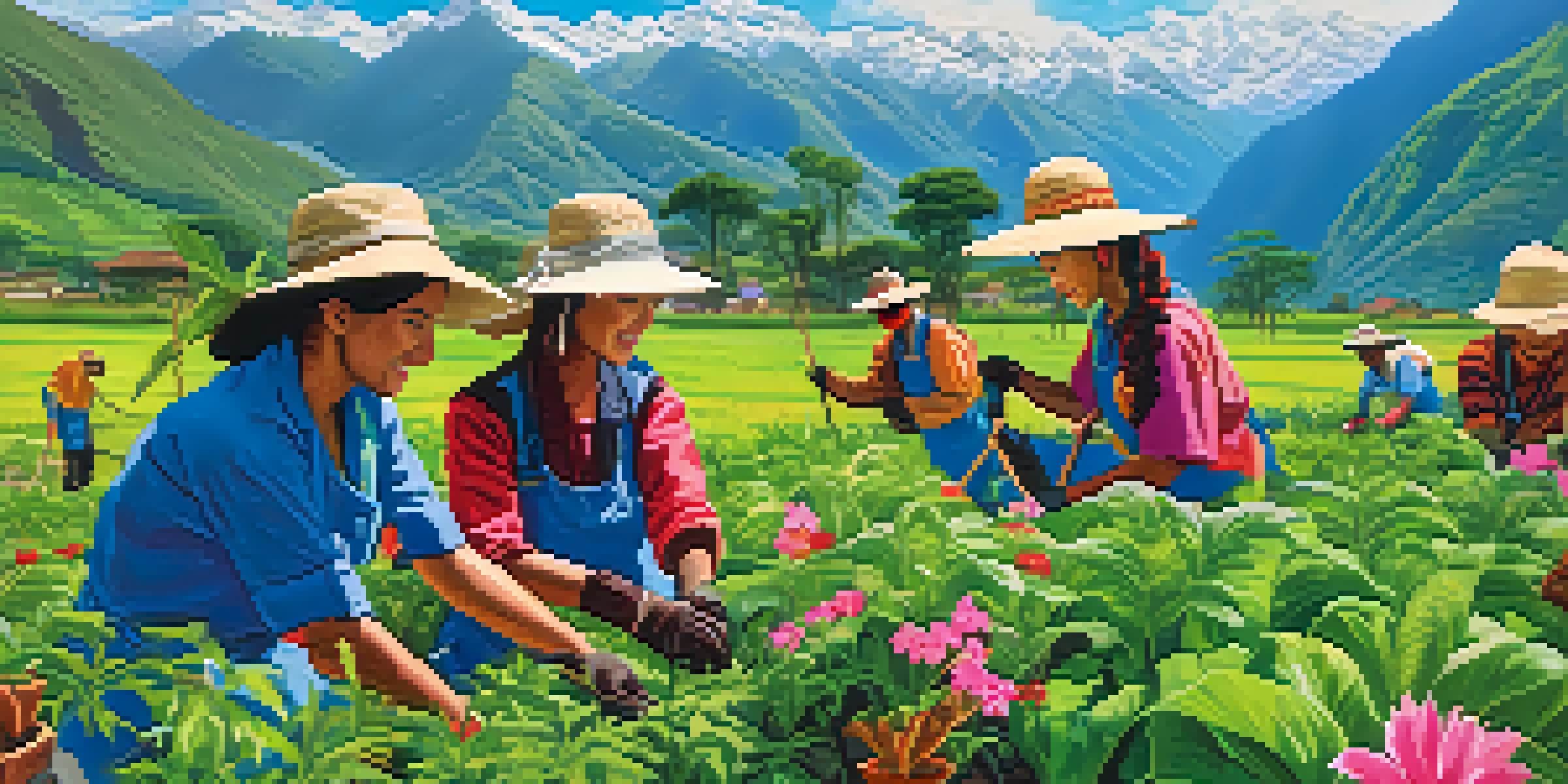 A diverse group of volunteers planting trees in a green field in Peru, with the Andes mountains in the background under a clear sky.