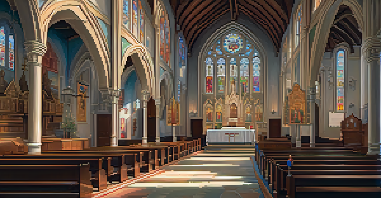 An interior view of a colonial church adorned with intricate altarpieces and colorful frescoes, illuminated by sunlight.