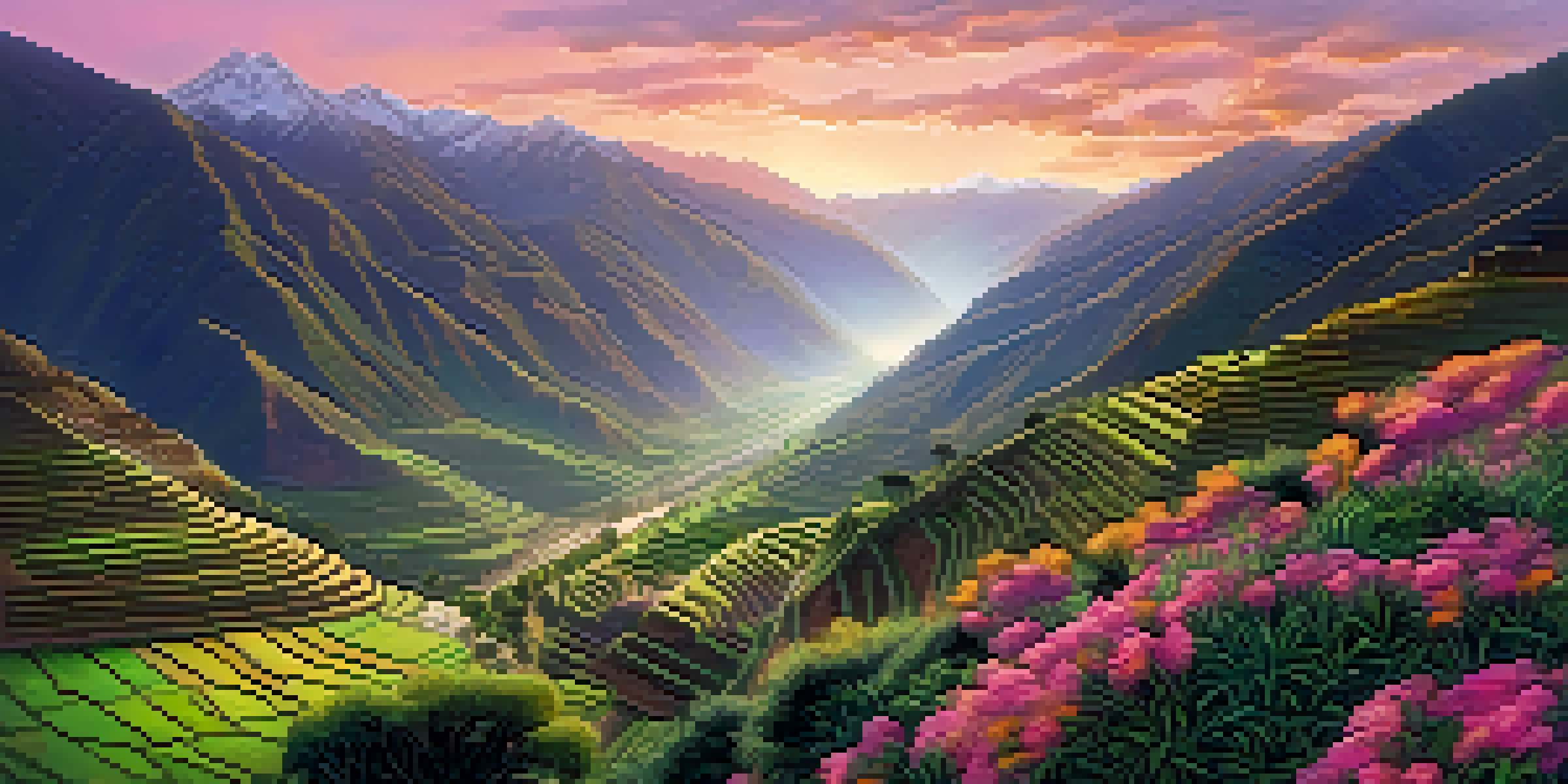 A panoramic view of the Sacred Valley at sunrise, with mountains, terraces, and mist.