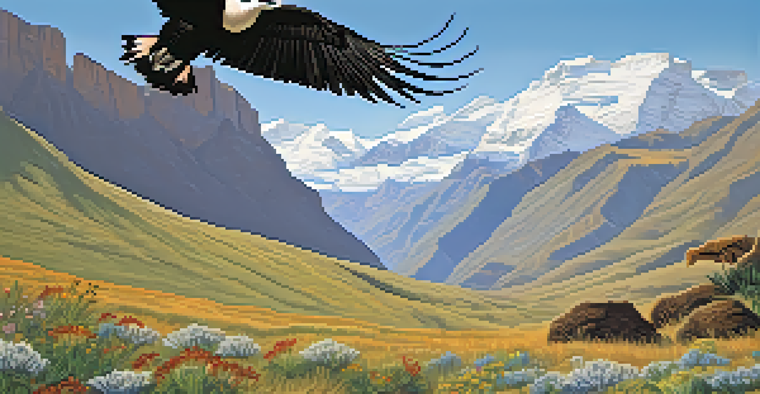 The Andean mountains with a soaring condor and a grazing vicuña, highlighting the natural beauty of the high-altitude landscape.