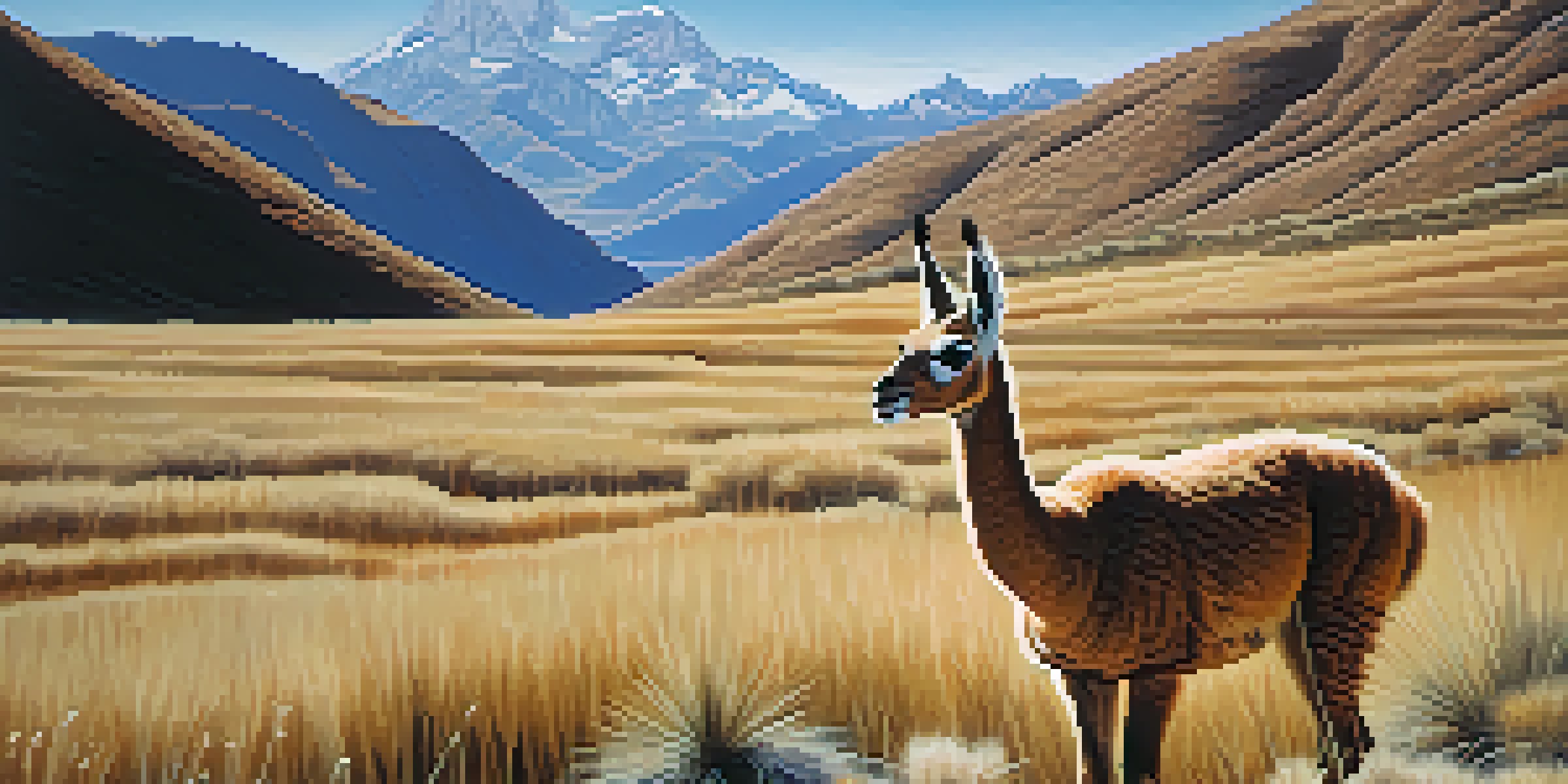 A vicuña grazing on grass in the high Andes, with rocky terrain and sunlight illuminating its wool.