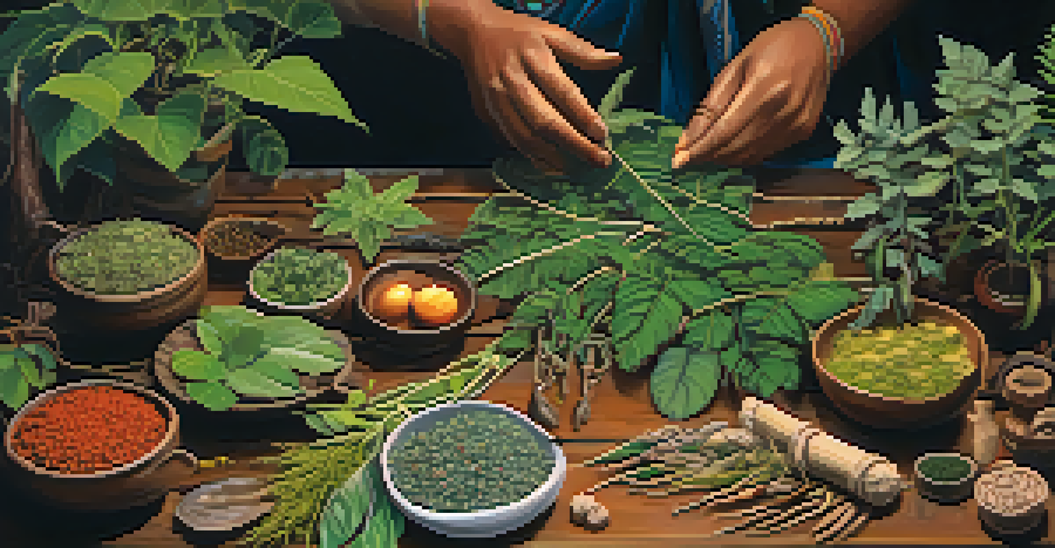 A close-up view of various medicinal plants used in shamanism, with a shaman's hand touching the herbs on a wooden table.