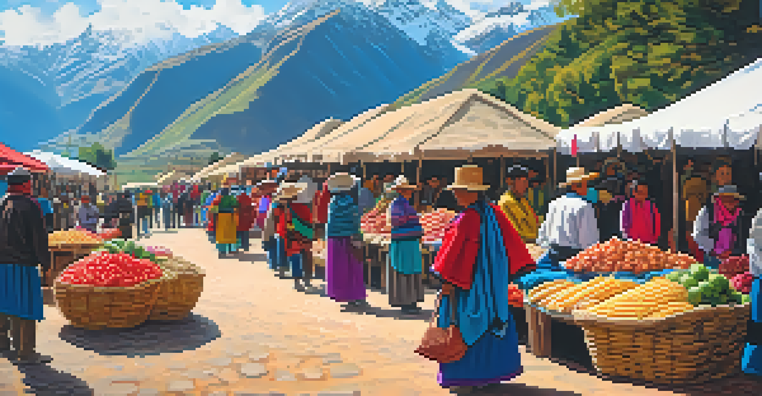 A bustling market in the Sacred Valley with stalls of fresh produce and colorful textiles.