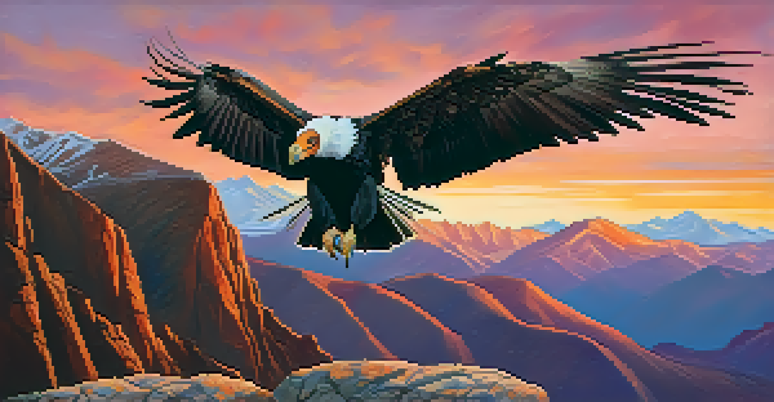 A detailed close-up of a condor on a cliff with the Andes mountains at sunset in the background.