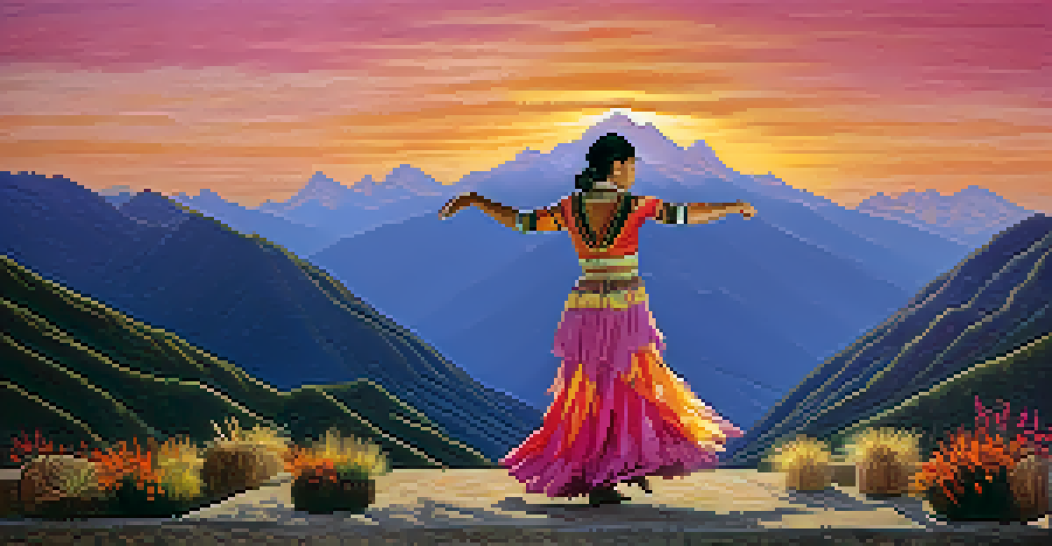 A dancer in traditional Andean costume silhouetted against the stunning sunset over the Andes Mountains.