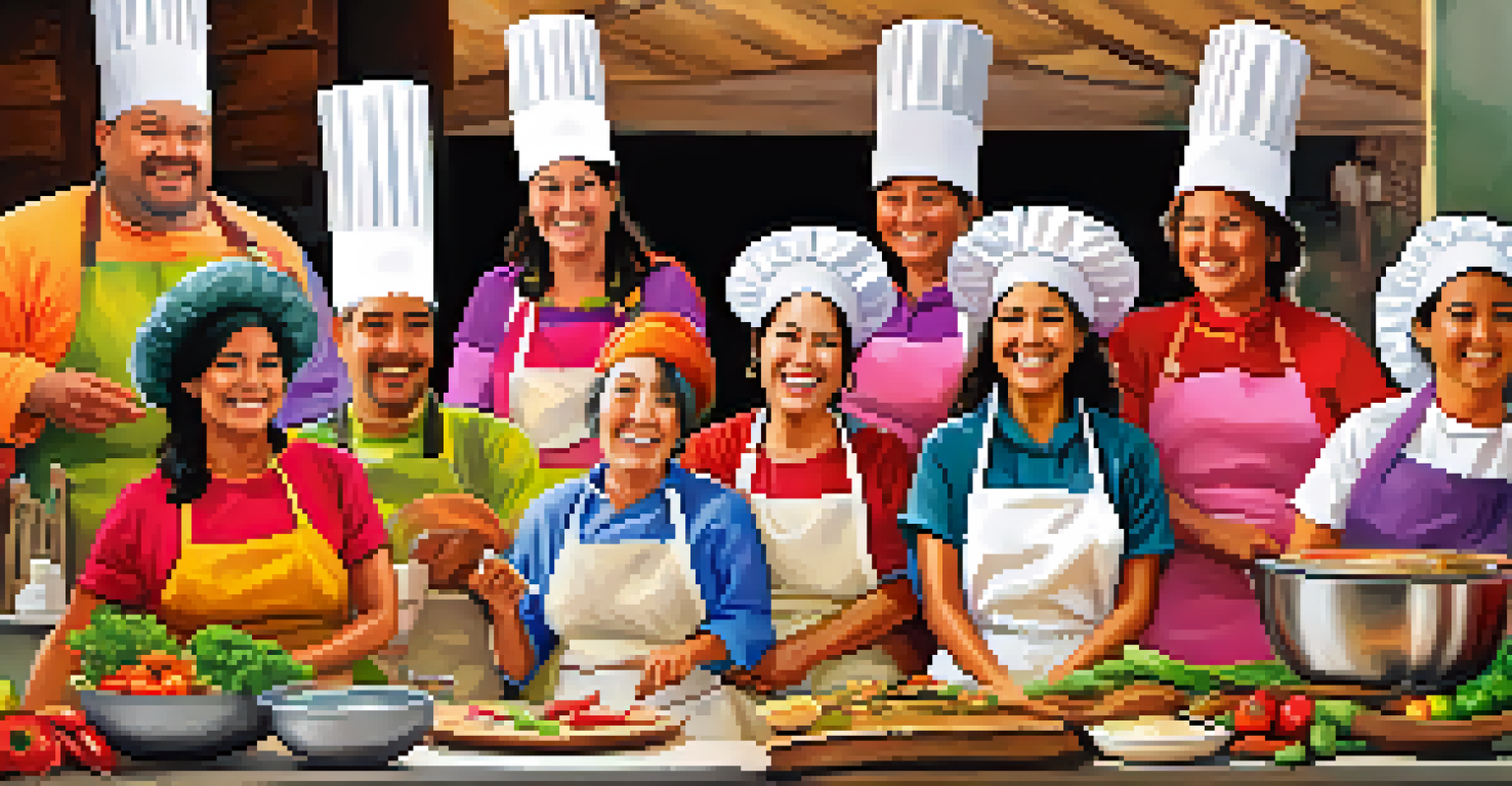 Travelers engaged in a cooking class in Peru, learning traditional techniques from local chefs amidst fresh ingredients and a lively atmosphere.
