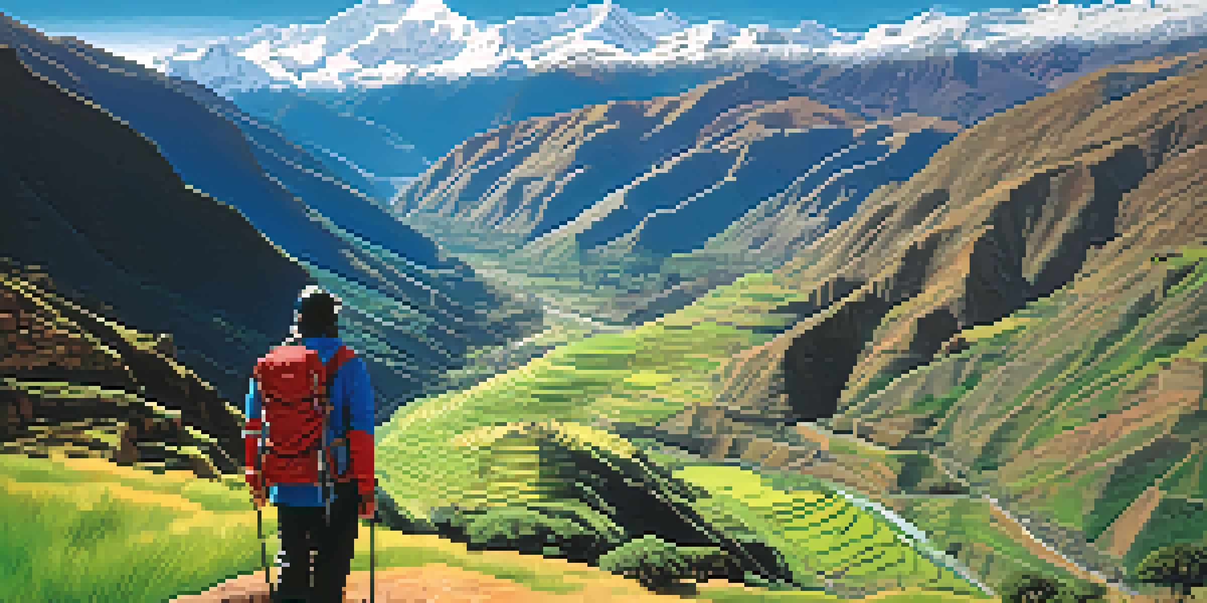 A hiker stands on a trail in the Sacred Valley of Peru, surrounded by lush green hills and ancient Incan terraces, with snow-capped mountains in the background under a clear blue sky.