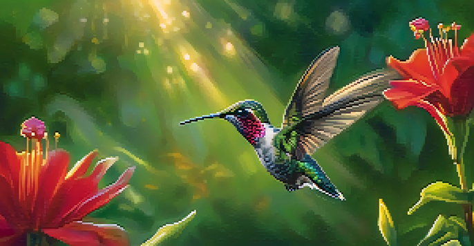 A colorful hummingbird in flight near a red flower, captured in soft morning light, surrounded by greenery.