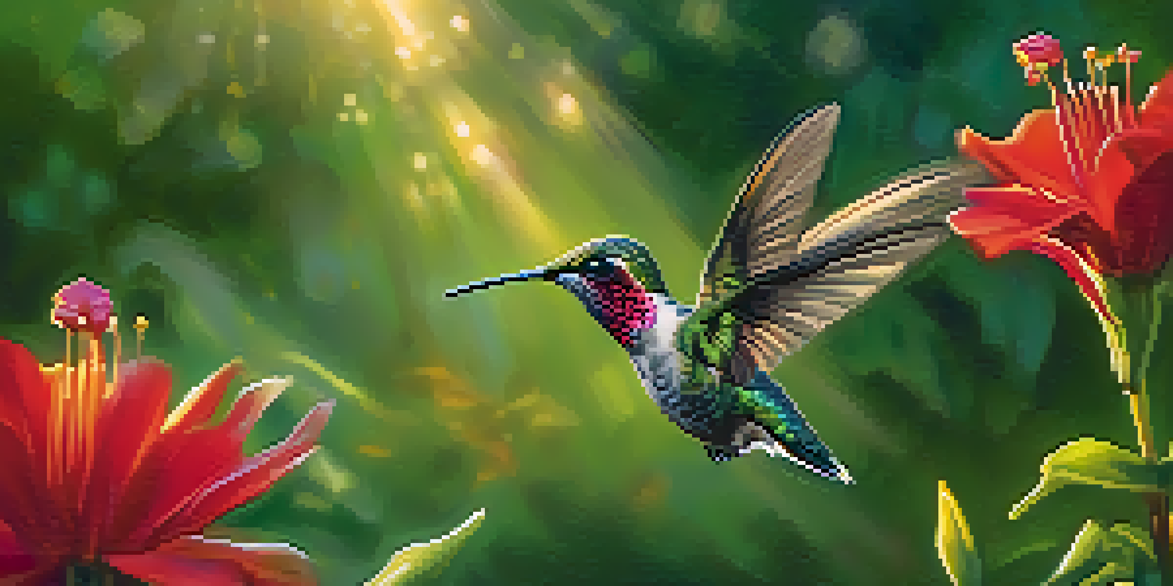 A colorful hummingbird in flight near a red flower, captured in soft morning light, surrounded by greenery.