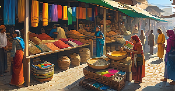 A lively market scene with local artisans showcasing handmade crafts and diverse travelers interacting with them.