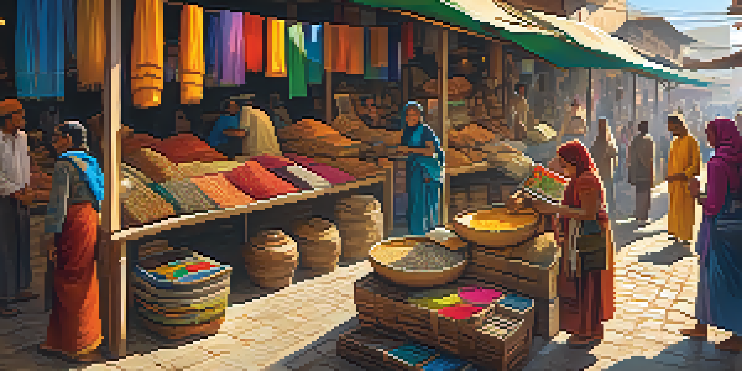 A lively market scene with local artisans showcasing handmade crafts and diverse travelers interacting with them.