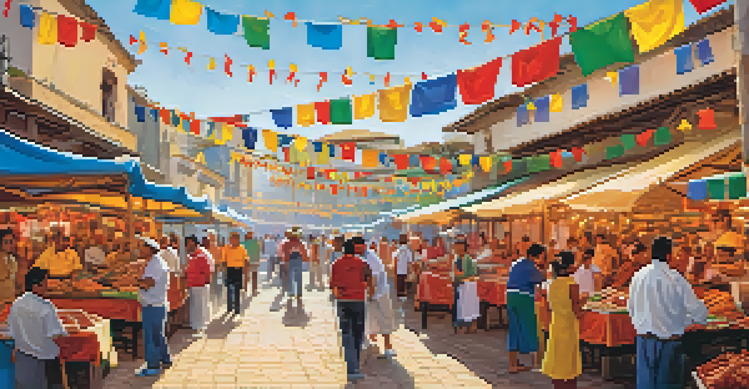 A food market in Trujillo during a festival, with stalls offering traditional dishes and families enjoying meals, amidst colorful decorations and music.