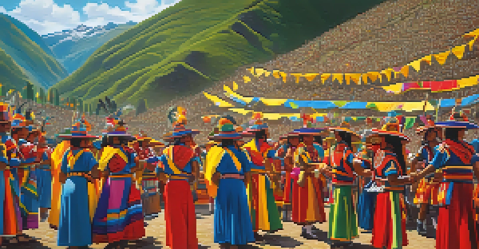 Participants in colorful traditional attire celebrate the Inti Raymi festival in a scenic Peruvian landscape with musicians in the background.