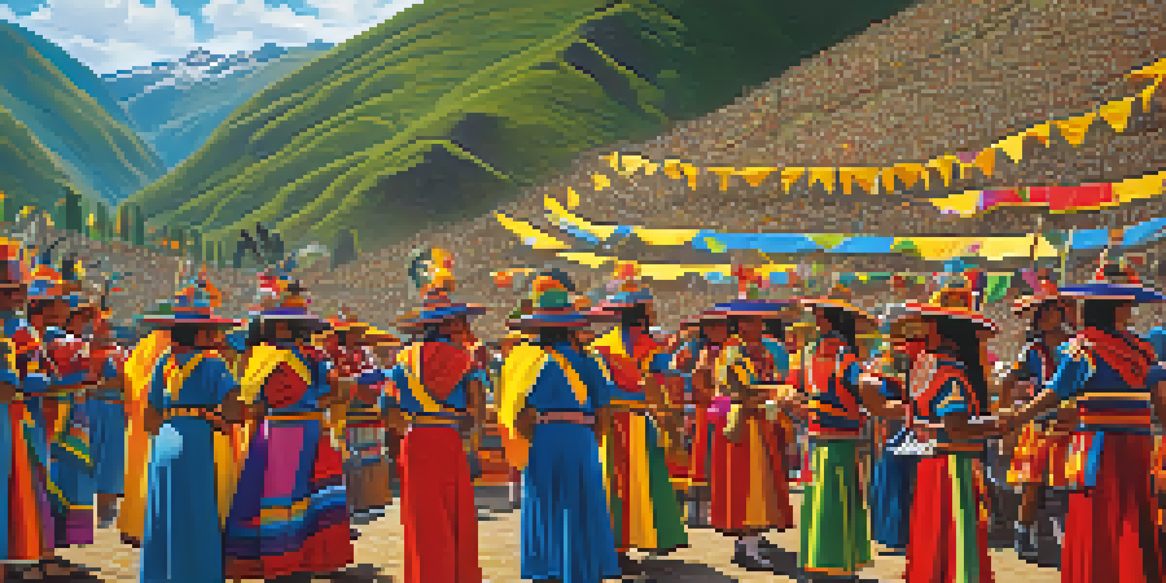 Participants in colorful traditional attire celebrate the Inti Raymi festival in a scenic Peruvian landscape with musicians in the background.