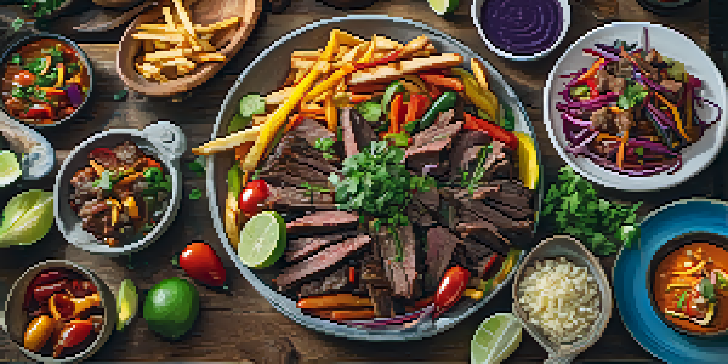 A wooden table set with traditional Peruvian dishes, including lomo saltado, garnished with fresh herbs.