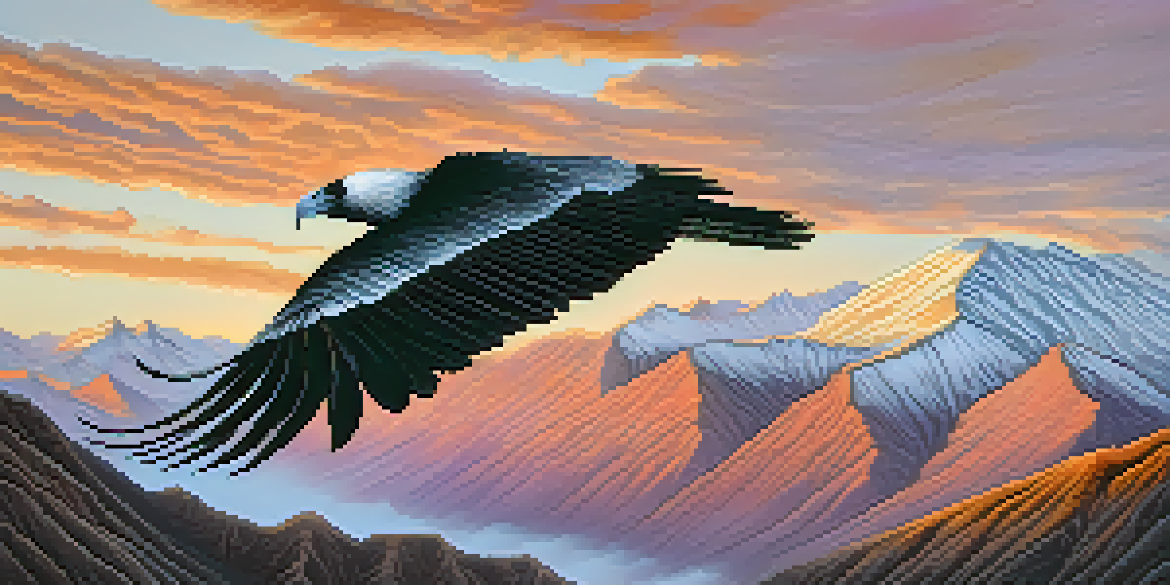 An Andean condor flying over the Andes mountains during sunrise, with a colorful sky and snow-capped peaks.