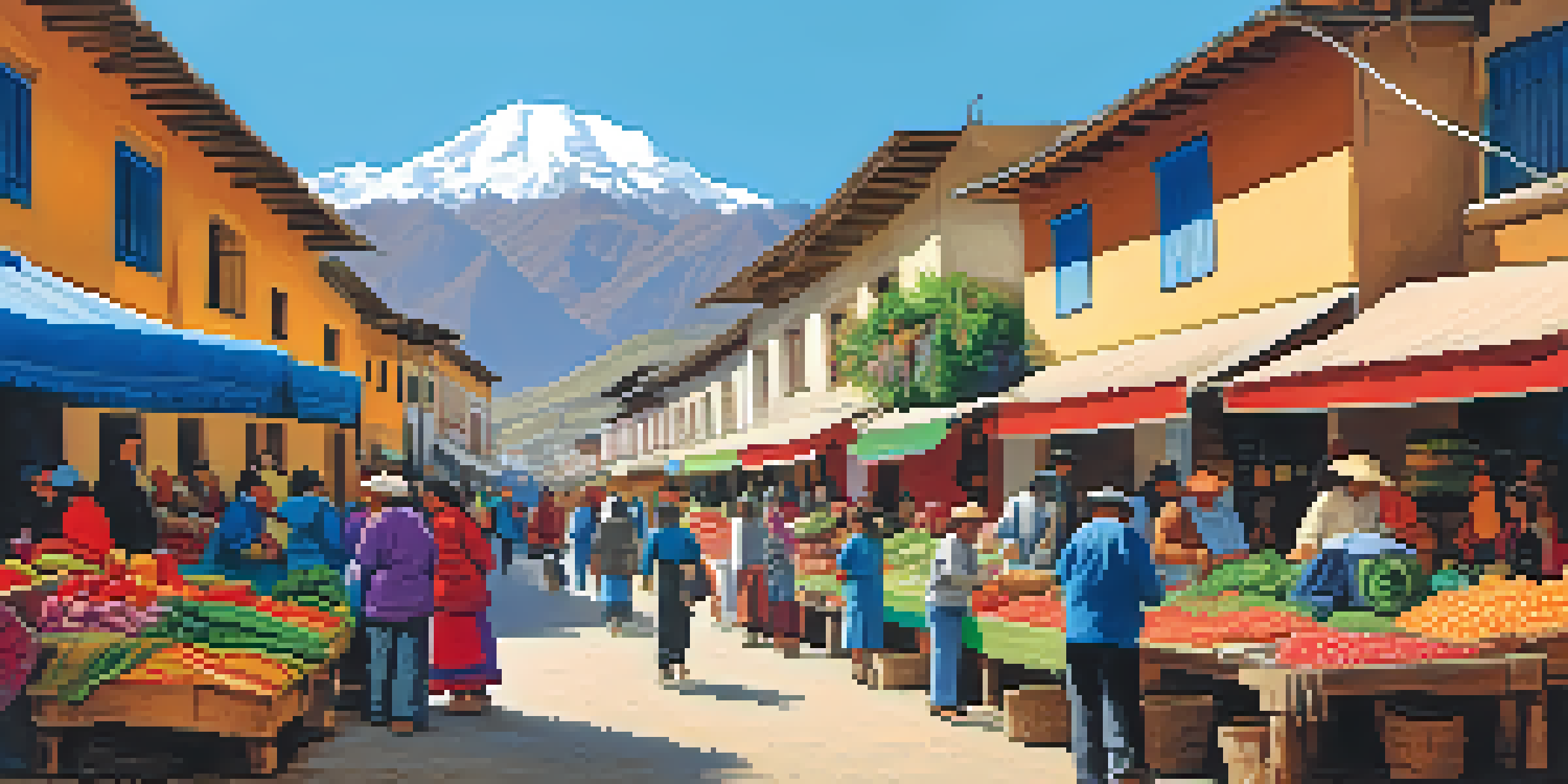 A lively market in Peru with colorful stalls filled with fruits and crafts, people smiling and talking, and mountains in the background.