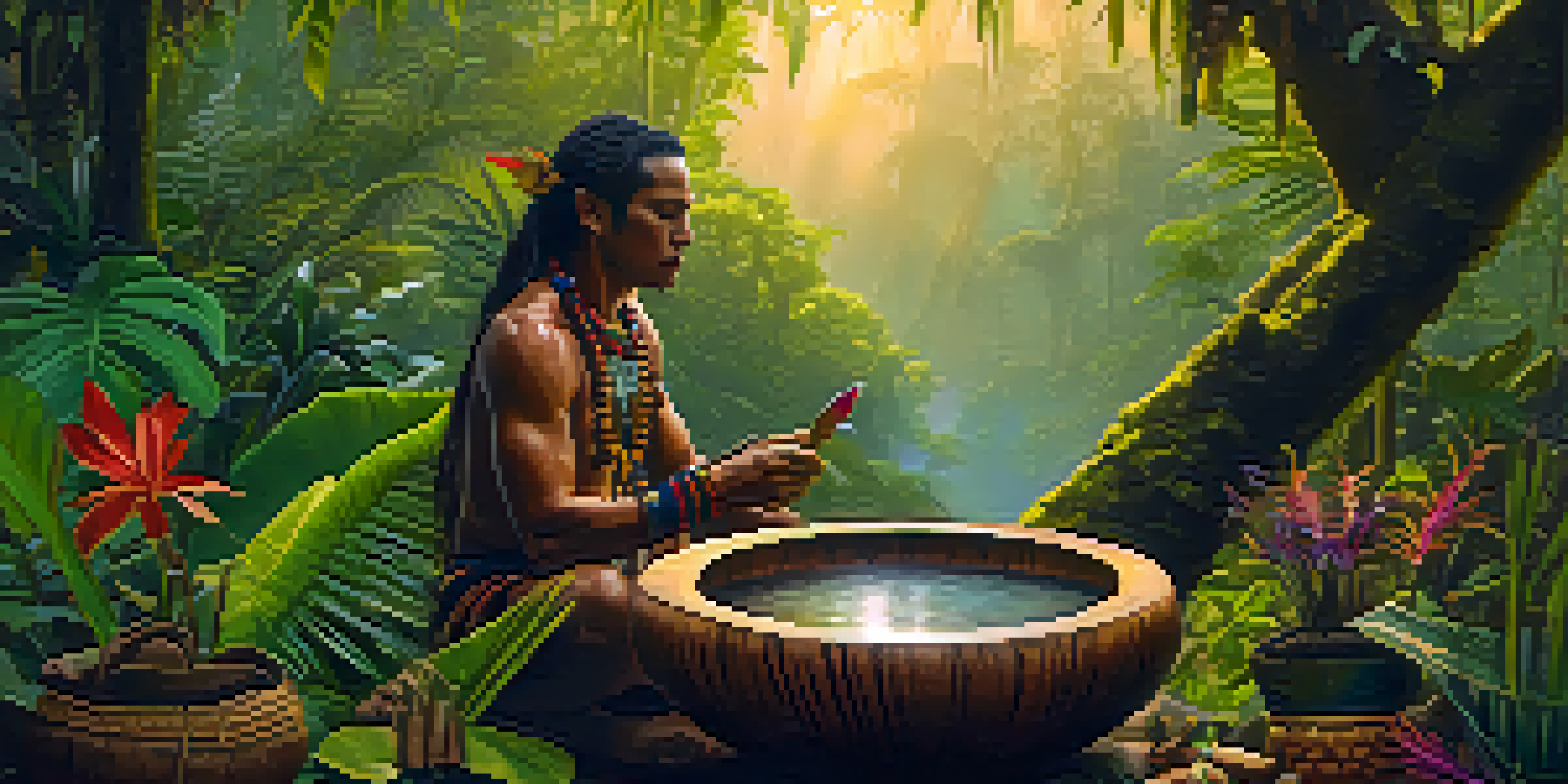 A shaman preparing Ayahuasca in a lush Amazon rainforest at dawn, with mist and vibrant plants around.