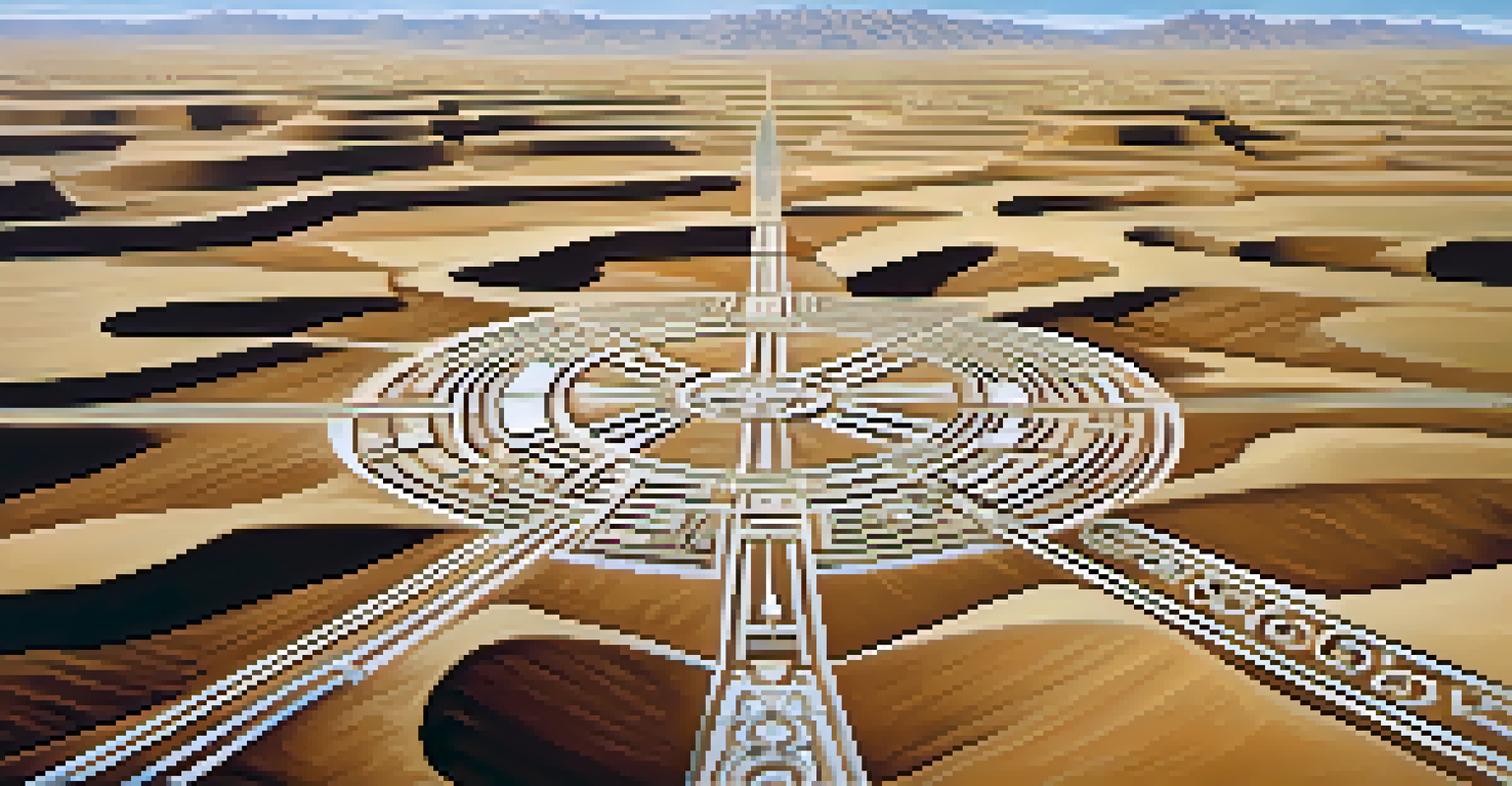 Aerial view of the Nazca Lines in the desert, showcasing large geoglyphs of animals and patterns against a clear blue sky.