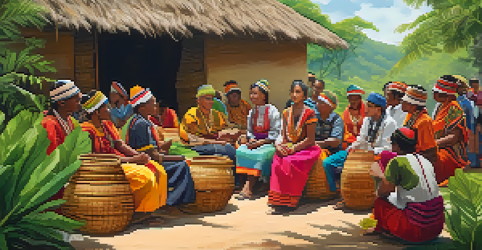 A lively gathering in an Indigenous community with people wearing traditional clothing and surrounded by cultural artifacts in a green landscape.