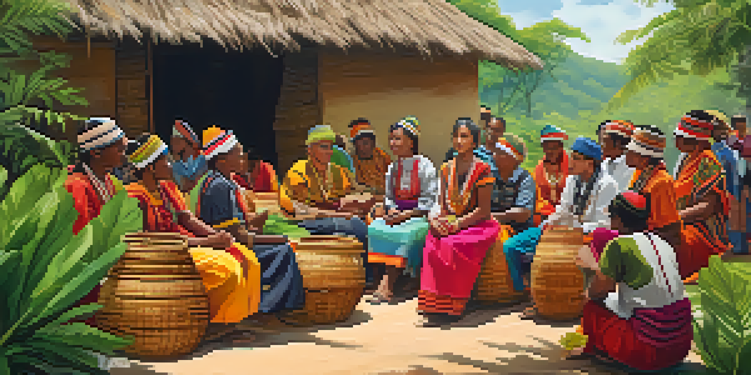 A lively gathering in an Indigenous community with people wearing traditional clothing and surrounded by cultural artifacts in a green landscape.
