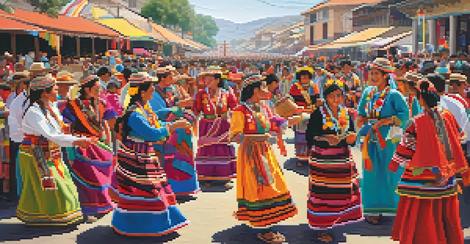 A vibrant festival scene in Peru with participants wearing traditional textiles and engaging in cultural dances.
