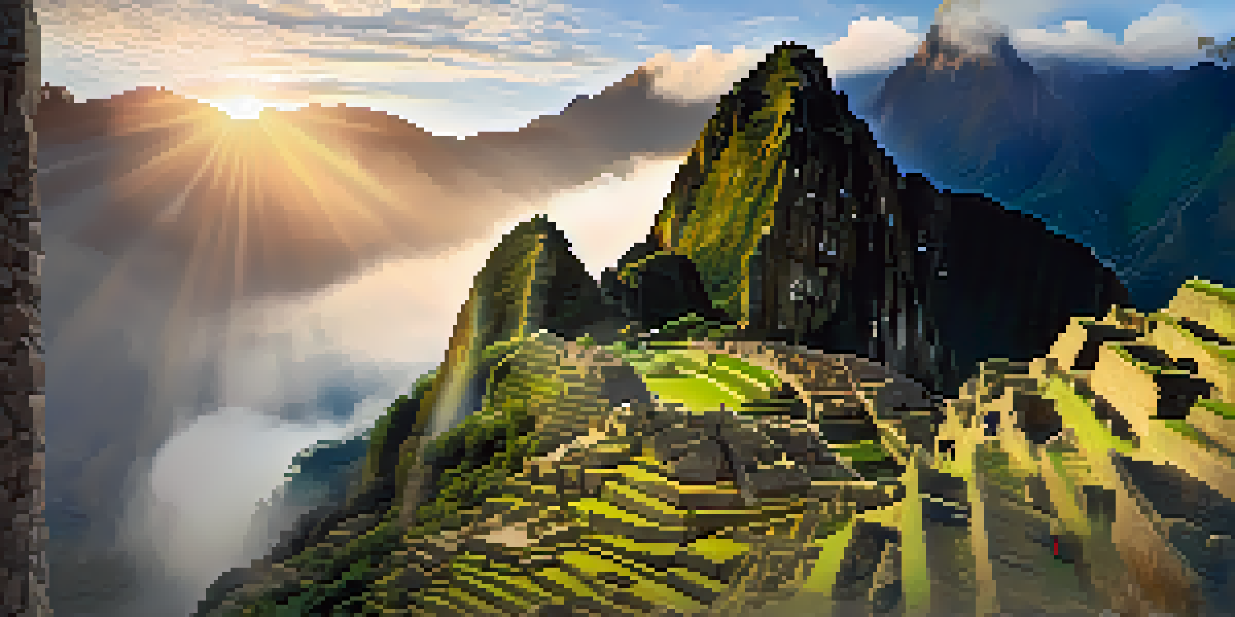 A scenic view of Machu Picchu at sunrise, shrouded in fog with golden light illuminating the ancient ruins and surrounding lush greenery.