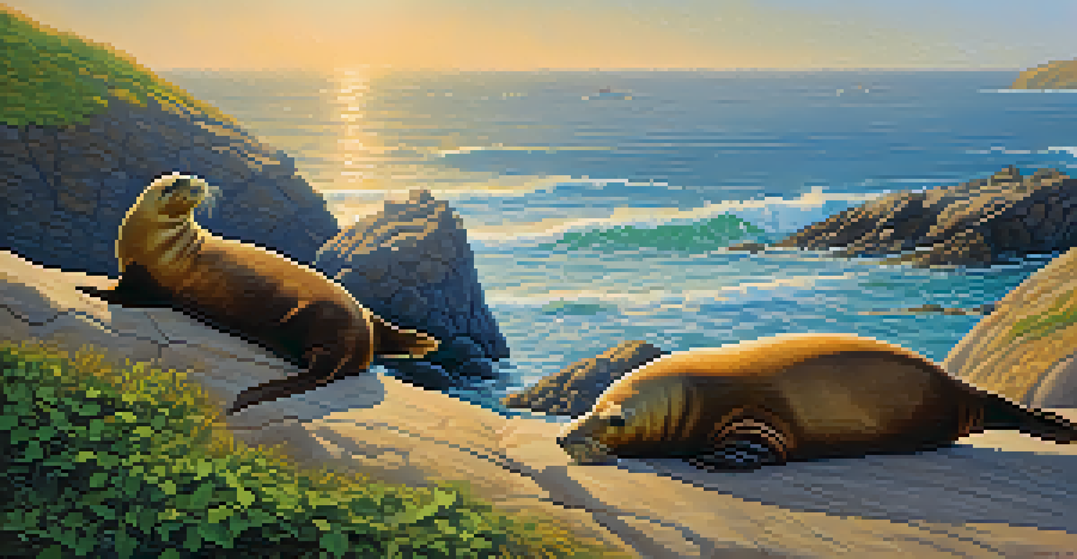 A group of playful sea lions lounging on rocks along the coast of Peru, with the ocean and greenery in the background.