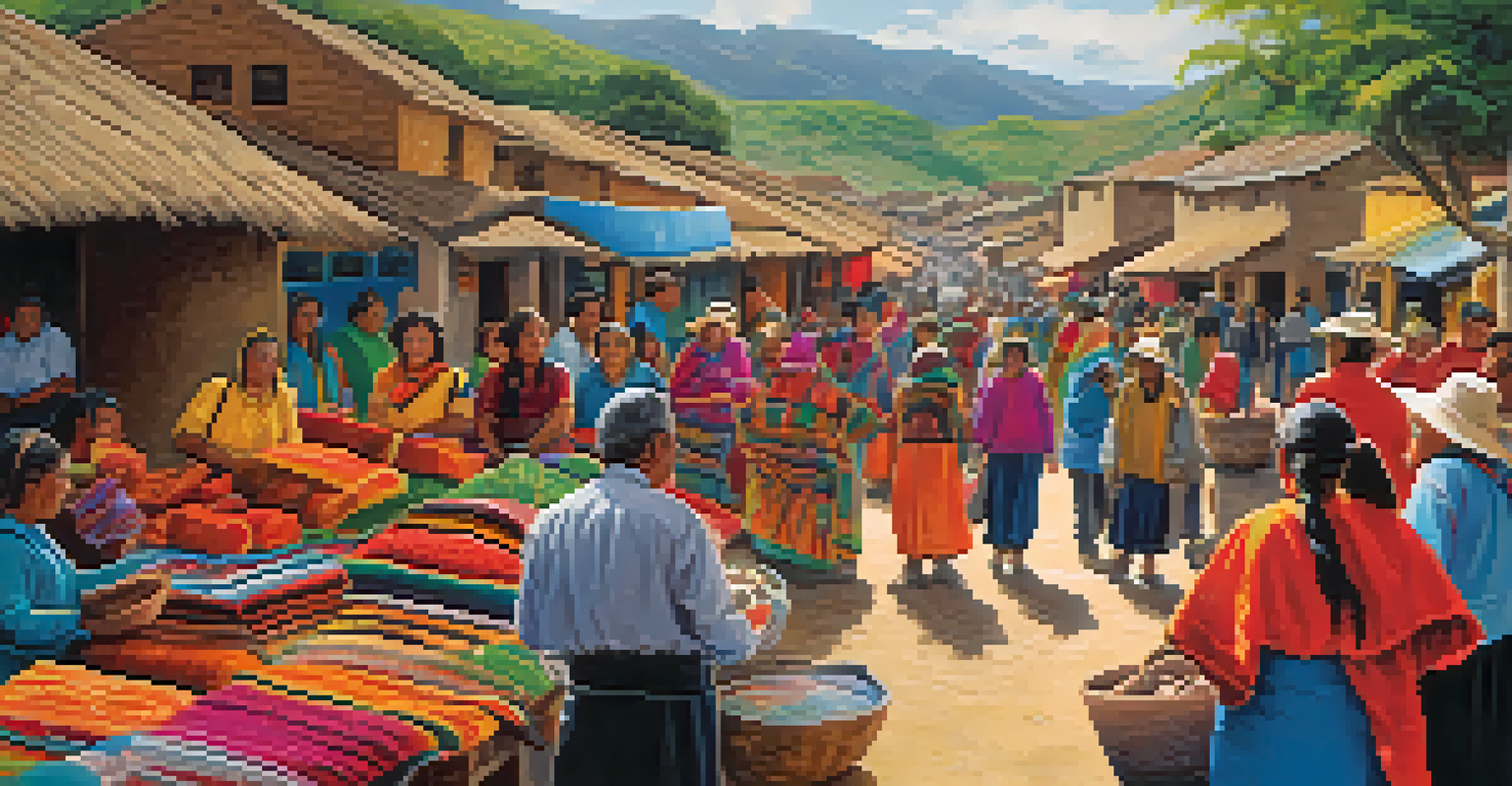 A vibrant market in a Peruvian village showcasing traditional crafts and local vendors engaging with tourists.