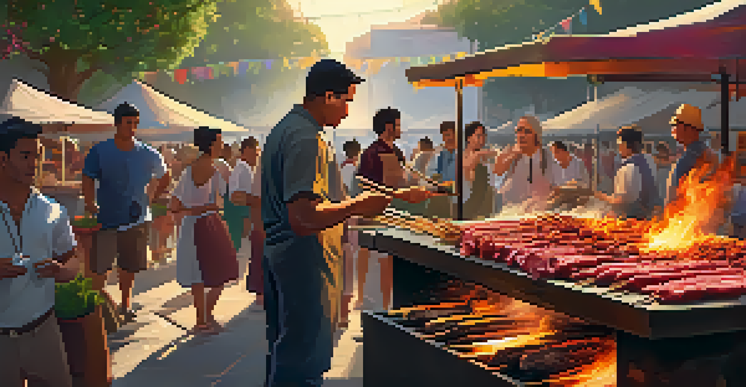 A street vendor grilling anticuchos with a lively crowd in the background and a sunset glow.