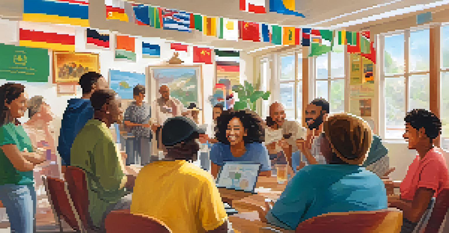 A vibrant language exchange event with travelers and locals engaged in conversations in a cheerful community center.