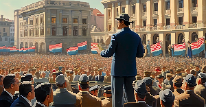 A historical scene of Manuel A. Odría speaking at a podium with a large crowd in a 1950s city square, surrounded by flags and buildings, under warm sunlight.