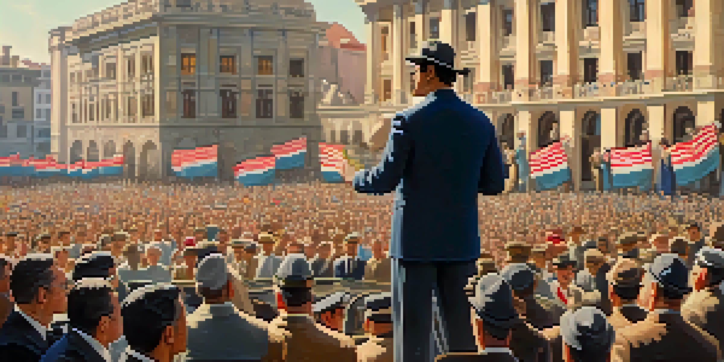 A historical scene of Manuel A. Odría speaking at a podium with a large crowd in a 1950s city square, surrounded by flags and buildings, under warm sunlight.
