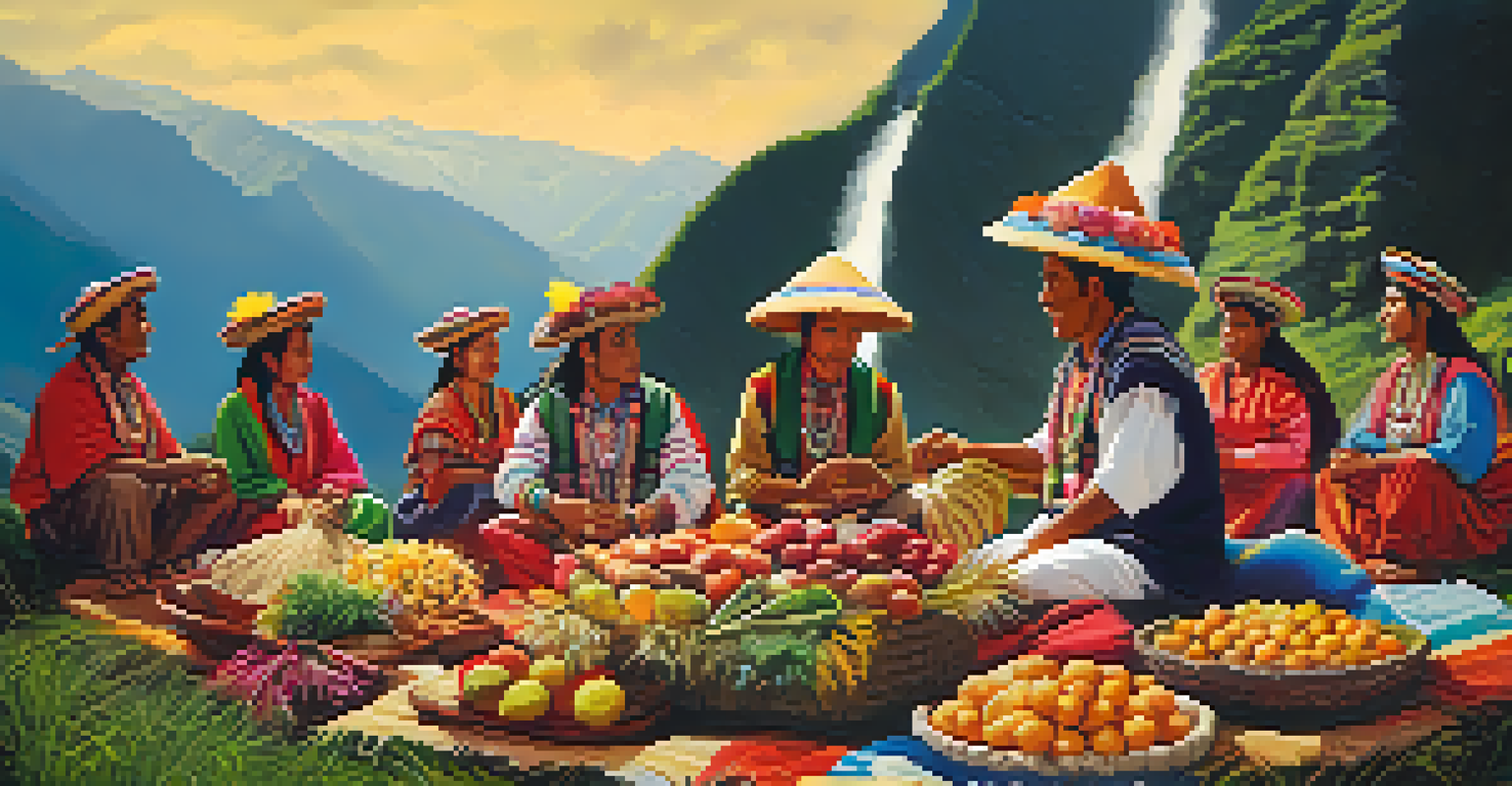 A group of people participating in a ritual offering to Pachamama during a Peruvian harvest festival, set against a backdrop of mountains.