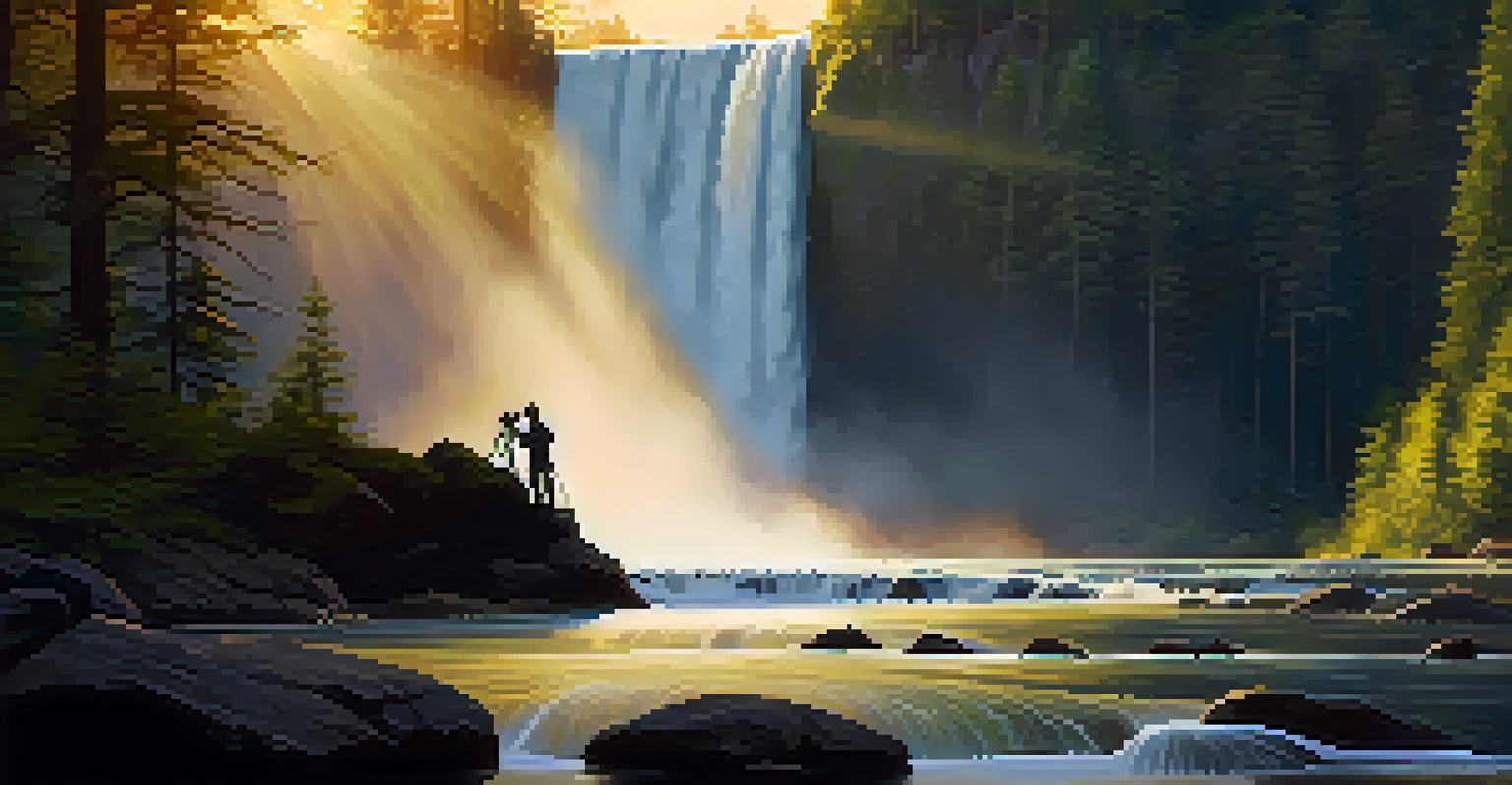 An adventure photographer using a tripod to capture a waterfall at golden hour, surrounded by a lush forest.