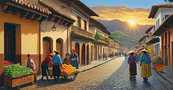 A bustling street in Cusco with colorful buildings, local vendors selling fresh produce, and a woman in traditional clothing, all bathed in the warm glow of sunset.