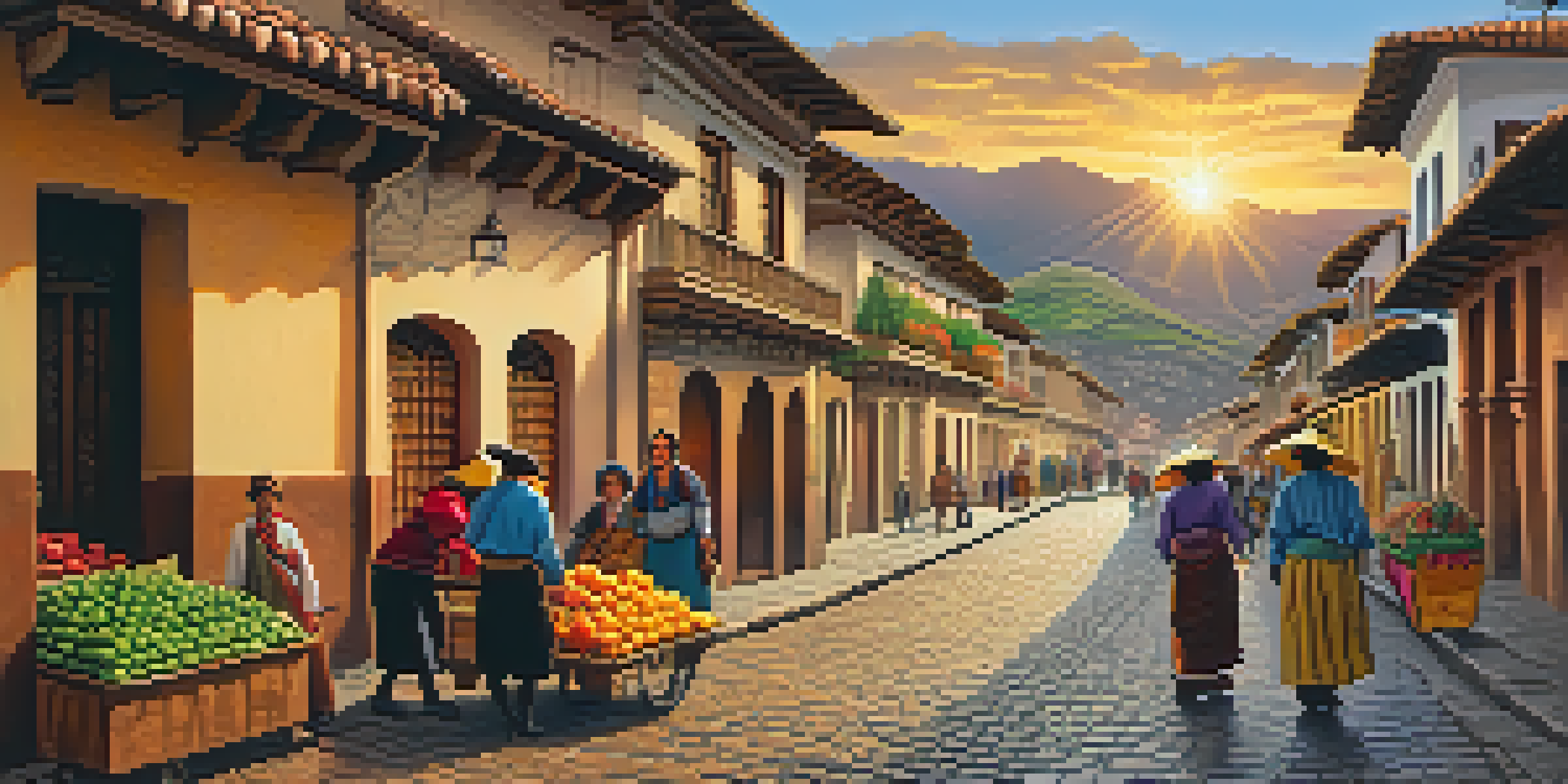 A bustling street in Cusco with colorful buildings, local vendors selling fresh produce, and a woman in traditional clothing, all bathed in the warm glow of sunset.