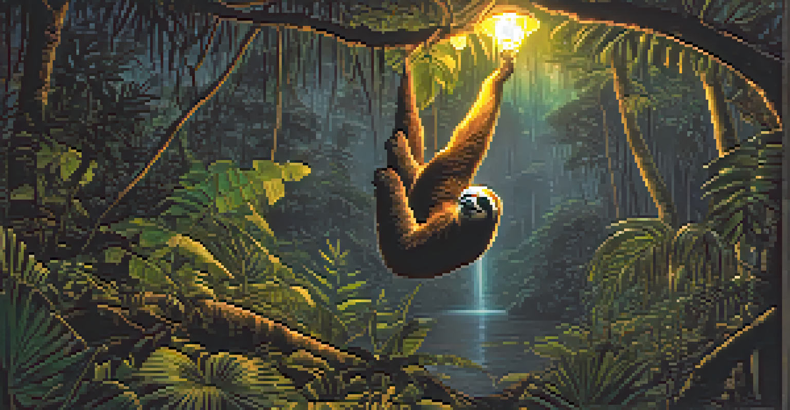 A night scene in the Amazon Rainforest with a guide and a sloth, illuminated by lantern light.