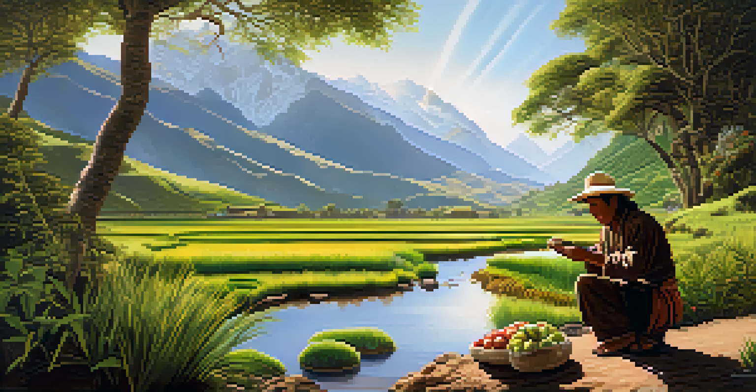 A peaceful Andean landscape with a farmer planting in a valley, surrounded by mountains and bathed in warm sunlight.