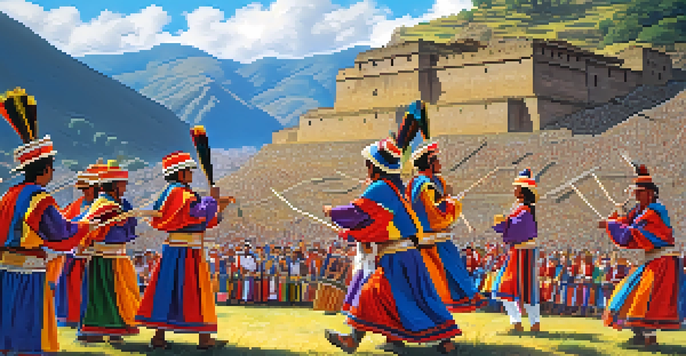 Participants in colorful costumes performing at the Inti Raymi festival in Cusco, Peru, with the Sacsayhuamán ruins in the background.