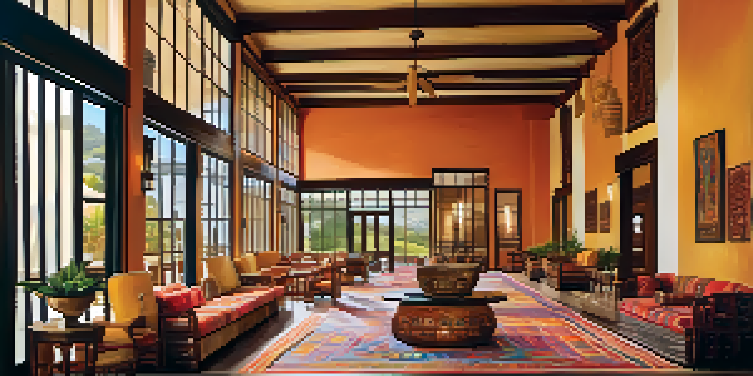 A cozy hotel lobby in Peru with wide entrances, comfortable seating, and vibrant textiles, illuminated by natural light.