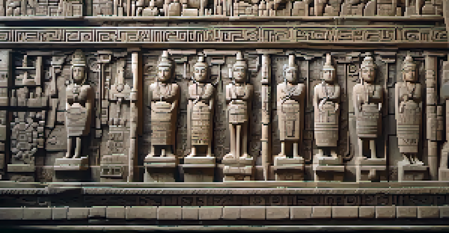 A close-up view of the Lanzón Stone at Chavín de Huantar, showcasing detailed carvings and surrounding artifacts.