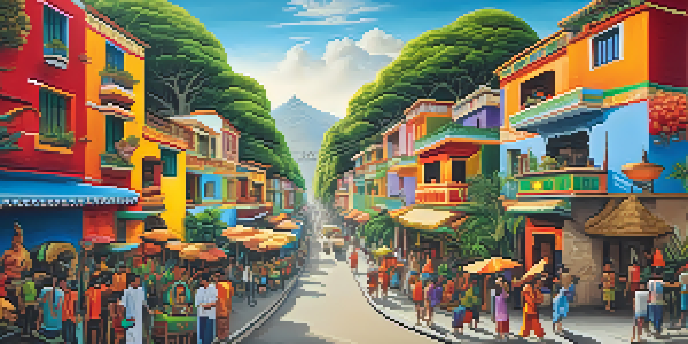 A colorful street mural in Lima showcasing scenes from Peruvian mythology with ancient symbols and characters, surrounded by greenery.