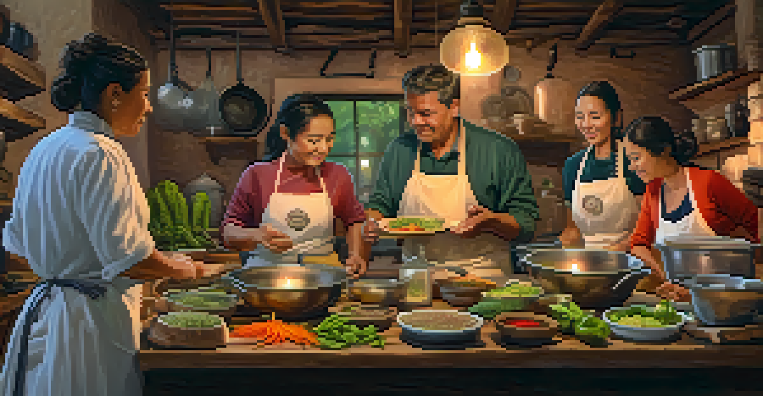 A local chef instructs tourists in a cozy kitchen, preparing traditional Peruvian dishes with fresh ingredients, illuminated by warm lighting.