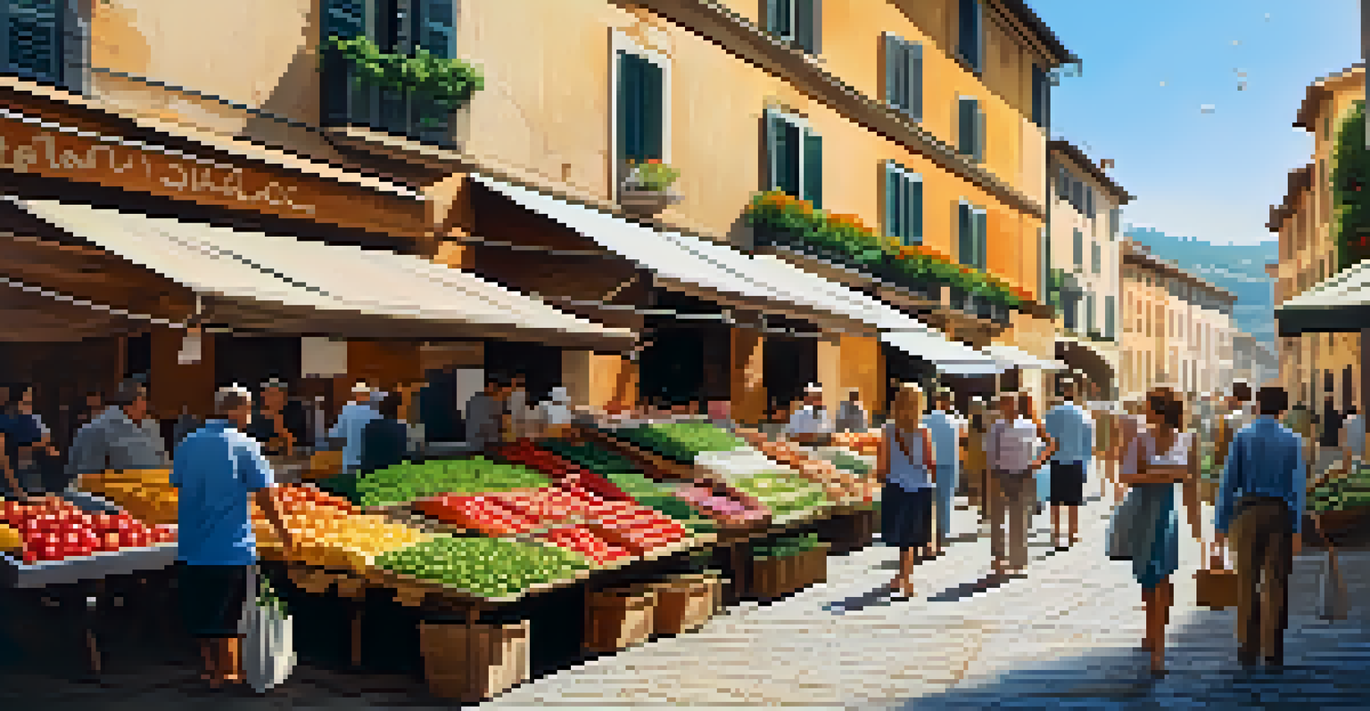 A vibrant Italian market scene with vendors and locals interacting.