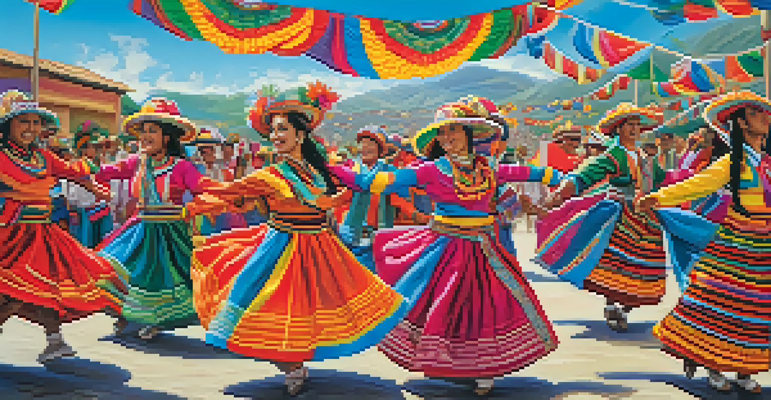 Local dancers in traditional Peruvian attire celebrating at a vibrant festival, with colorful decorations in the background.