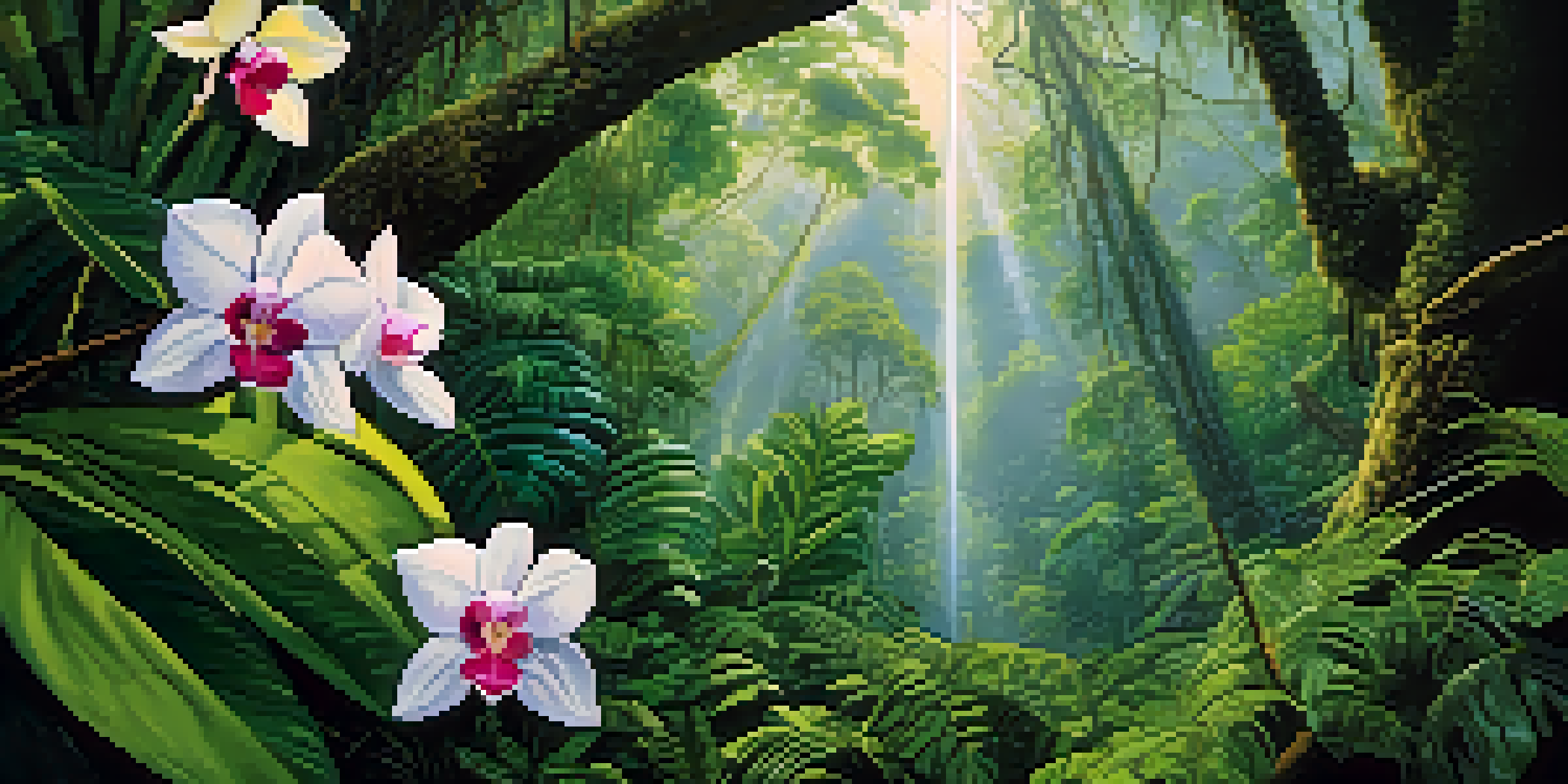 A vibrant Amazon Rainforest scene with tall trees, colorful orchids, dappled sunlight, and a jaguar resting on a branch.