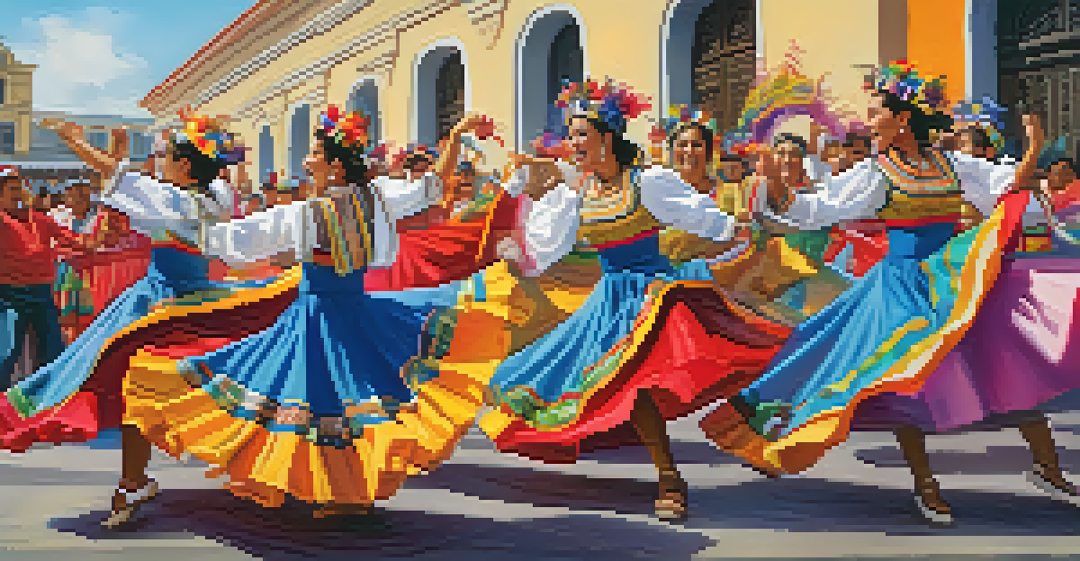 Dancers in colorful traditional costumes performing at the Señor de los Milagros festival, surrounded by lively music and historic Lima architecture.