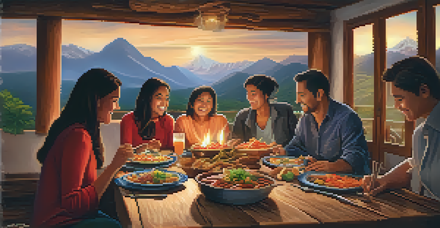 A family enjoying a traditional Peruvian meal at a rustic table with mountain views.